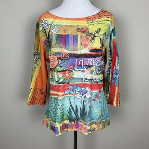 Cubism Top Women Medium Multicolor Art To Wear‎ Abstract Floral Mesh 3/4 Sleeve